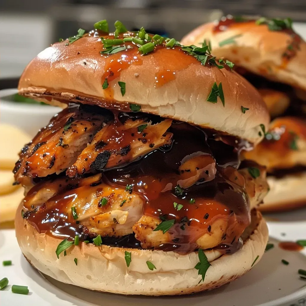 ['Close-up of juicy BBQ chicken sliders with garlic-herb butter on toasted buns.', 'Side view of succulent BBQ chicken sliders topped with melted cheese and herbs.', 'Delicious BBQ chicken sliders arranged on a wooden platter, garnished with parsley.', 'Juicy chicken sliders featuring golden brown buns and vibrant garlic-herb butter.']