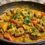 ['Close-up of Keto Coconut Curry Chicken with colorful vegetables and coconut cream.', 'A succulent dish of chicken curry presented in a bowl, garnished with coriander.', 'Side view of a serving of Keto Coconut Curry Chicken featuring bright red peppers and golden spices.', 'Detailed view of juicy chicken pieces in a creamy coconut curry sauce, with fresh herbs.']