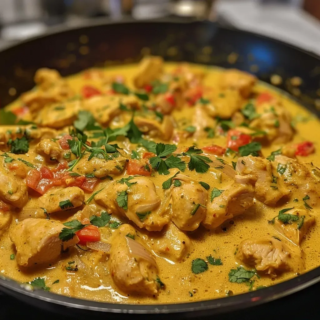 ['Close-up of Keto Coconut Curry Chicken with colorful vegetables and coconut cream.', 'A succulent dish of chicken curry presented in a bowl, garnished with coriander.', 'Side view of a serving of Keto Coconut Curry Chicken featuring bright red peppers and golden spices.', 'Detailed view of juicy chicken pieces in a creamy coconut curry sauce, with fresh herbs.']