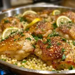 ['Close-up view of juicy lemon chicken and couscous with garnished herbs.', 'Side perspective showcasing tender lemon chicken served with pearl couscous.', 'Plated lemon chicken alongside fluffy couscous, topped with fresh herbs.', 'Delicious lemon chicken and couscous with lemon slices and herbs in focus.']