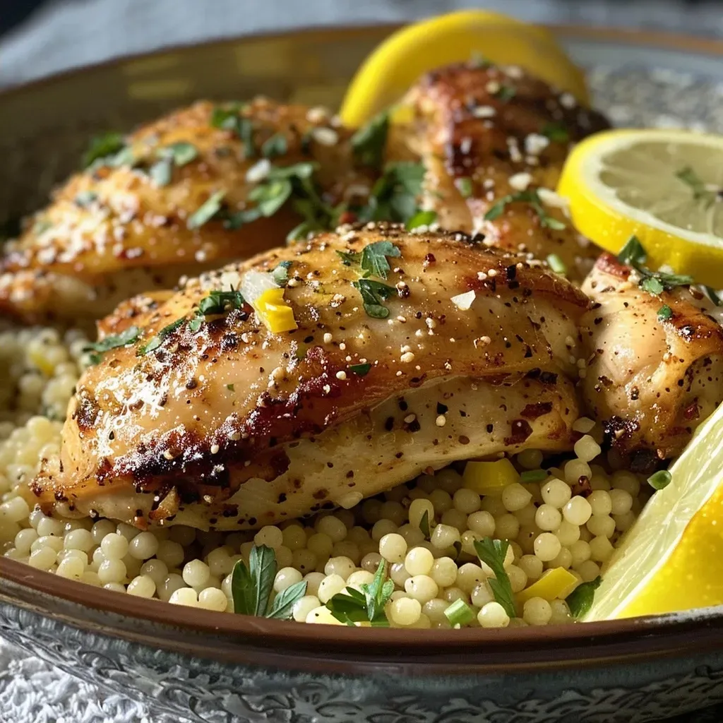 ['Close-up view of juicy lemon chicken and couscous with garnished herbs.', 'Side perspective showcasing tender lemon chicken served with pearl couscous.', 'Plated lemon chicken alongside fluffy couscous, topped with fresh herbs.', 'Delicious lemon chicken and couscous with lemon slices and herbs in focus.']