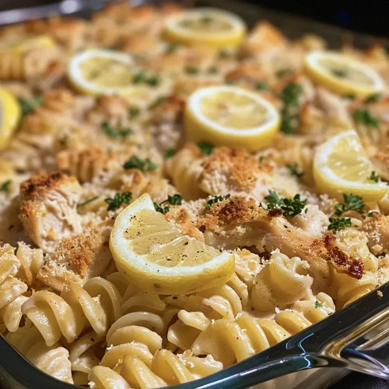 ['A close-up of Lemon Chicken Pasta Bake in a baking dish, garnished with lemon slices and parsley.', 'Side view of a golden-brown Lemon Chicken Pasta Bake, featuring pasta, chicken, and creamy sauce.', 'Juicy Lemon Chicken Pasta Bake with a sprinkle of parsley on top and lemon slices for garnish.', 'A vibrant Lemon Chicken Pasta Bake, showcasing chicken pieces and pasta in a creamy sauce.']
