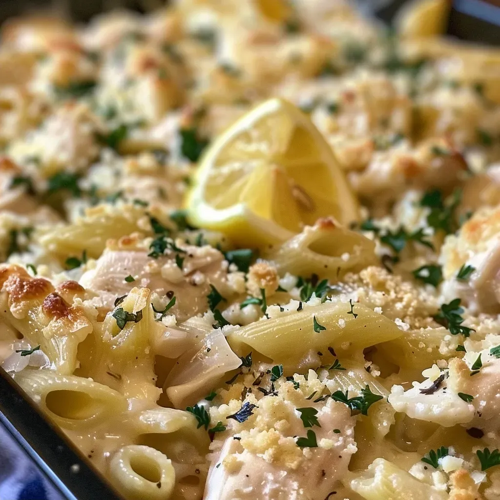 ['A close-up of Lemon Chicken Pasta Bake in a baking dish, garnished with lemon slices and parsley.', 'Side view of a golden-brown Lemon Chicken Pasta Bake, featuring pasta, chicken, and creamy sauce.', 'Juicy Lemon Chicken Pasta Bake with a sprinkle of parsley on top and lemon slices for garnish.', 'A vibrant Lemon Chicken Pasta Bake, showcasing chicken pieces and pasta in a creamy sauce.']