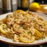['Close-up view of Lemon Chicken Pasta with zucchini and squash.', 'Side view of a plate filled with Lemon Chicken Pasta garnished with parsley.', 'Juicy Lemon Chicken Pasta showcasing vibrant ingredients and sauce.', 'Delicious Lemon Chicken Pasta presented in an inviting dish.']