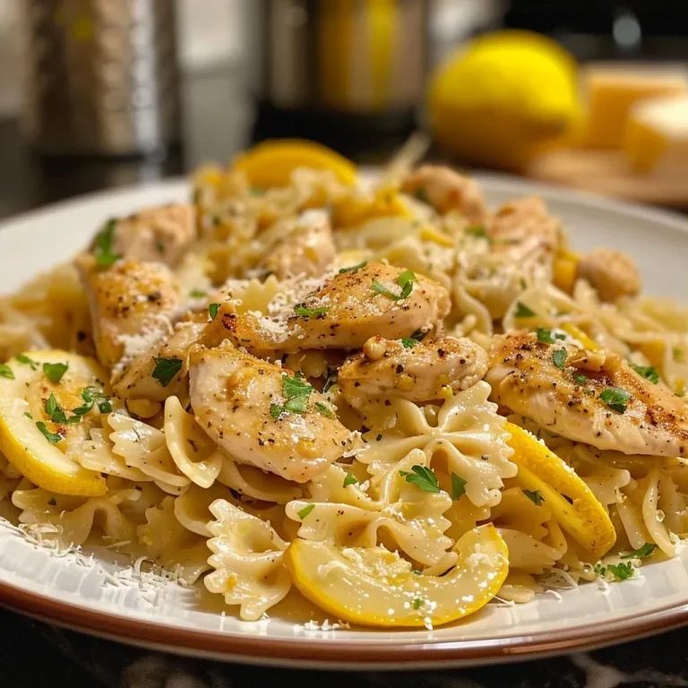 ['Close-up view of Lemon Chicken Pasta with zucchini and squash.', 'Side view of a plate filled with Lemon Chicken Pasta garnished with parsley.', 'Juicy Lemon Chicken Pasta showcasing vibrant ingredients and sauce.', 'Delicious Lemon Chicken Pasta presented in an inviting dish.']