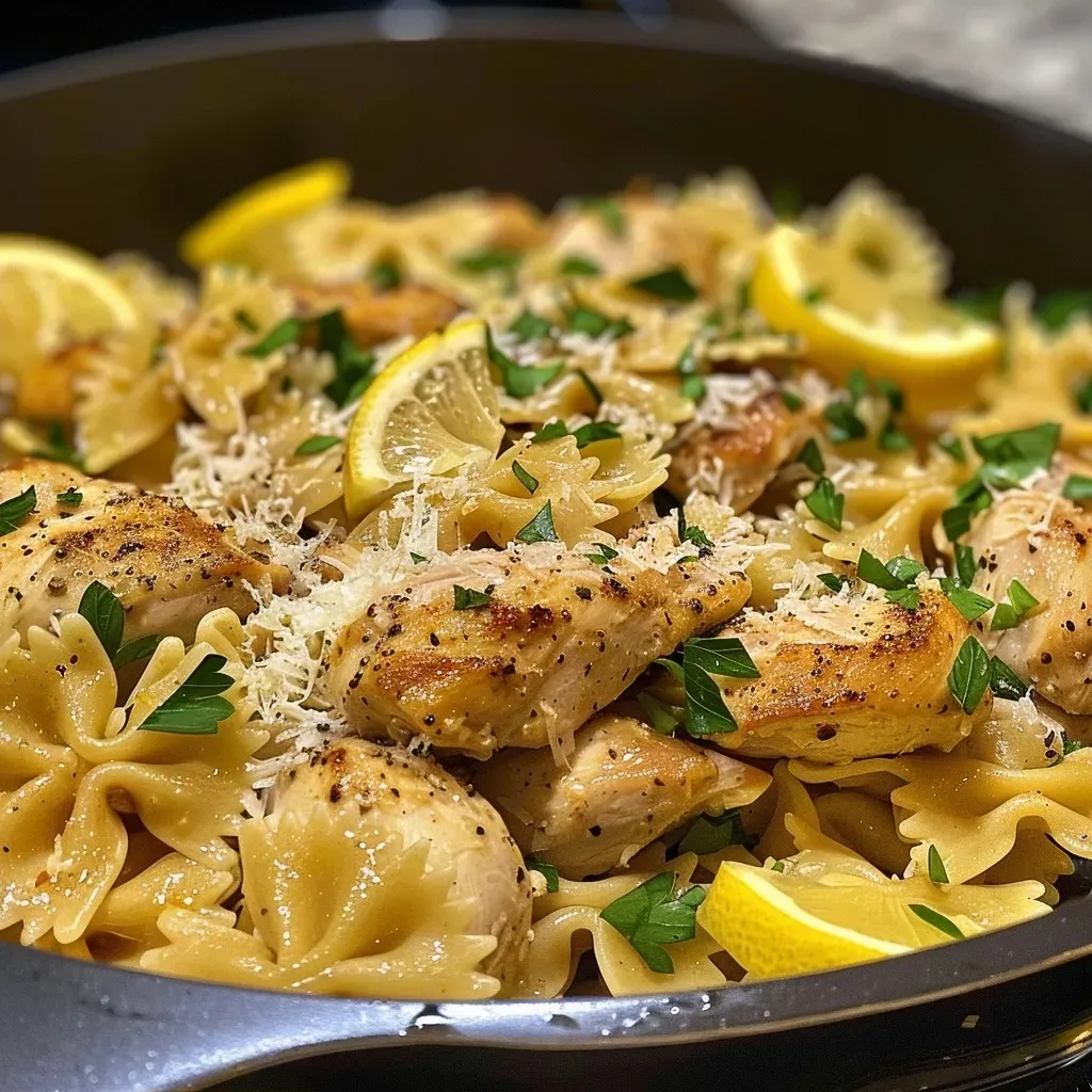 ['Close-up view of Lemon Chicken Pasta with zucchini and squash.', 'Side view of a plate filled with Lemon Chicken Pasta garnished with parsley.', 'Juicy Lemon Chicken Pasta showcasing vibrant ingredients and sauce.', 'Delicious Lemon Chicken Pasta presented in an inviting dish.']