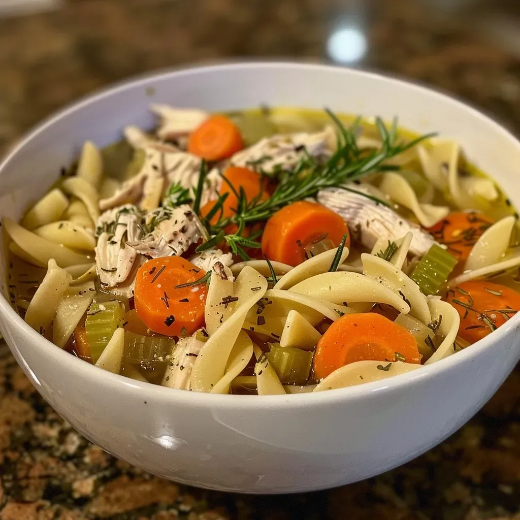['Close-up of a bowl of Lemon Rosemary Chicken Noodle Soup with vibrant ingredients visible.', 'Side view of a hearty bowl of chicken noodle soup garnished with lemon and rosemary.', 'Juicy Lemon Rosemary Chicken Noodle Soup presented in a rustic bowl, showcasing colorful vegetables.', 'Detailed view of Lemon Rosemary Chicken Noodle Soup with noodles, chicken, and fresh herbs.']