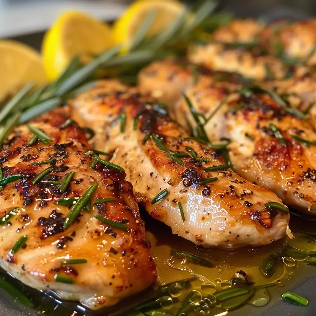 ['Close-up of juicy Lemon Rosemary Chicken garnished with fresh herbs.', 'Side view of a plated Lemon Rosemary Chicken with lemon wedges and herbs.', 'Succulent Lemon Rosemary Chicken ready to serve, showcasing its golden crust.', 'Delicious Lemon Rosemary Chicken dish with glistening sauce and herbs.']