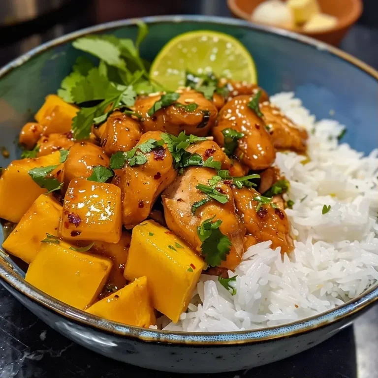 ['Close-up view of a plate featuring juicy Mango Chicken with vibrant mango slices.', 'Side view of Mango Chicken dish with golden-brown chicken and fresh mango garnish.', 'Appetizing Mango Chicken with a glossy glaze, served in a rustic dish.', 'Juicy Mango Chicken surrounded by colorful ingredients like mango and herbs.']
