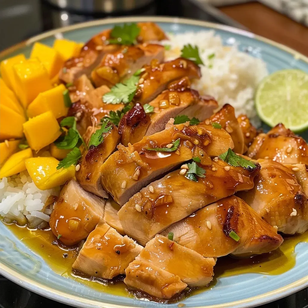 ['Close-up view of a plate featuring juicy Mango Chicken with vibrant mango slices.', 'Side view of Mango Chicken dish with golden-brown chicken and fresh mango garnish.', 'Appetizing Mango Chicken with a glossy glaze, served in a rustic dish.', 'Juicy Mango Chicken surrounded by colorful ingredients like mango and herbs.']