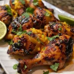 ['Close-up view of succulent Mango Coconut Habanero Chicken on a plate.', 'Side view of grilled Mango Coconut Habanero Chicken garnished with cilantro.', 'Juicy chicken legs coated in a mango habanero sauce, with lime wedges beside.', 'Colorful presentation of Mango Coconut Habanero Chicken ready to serve.']