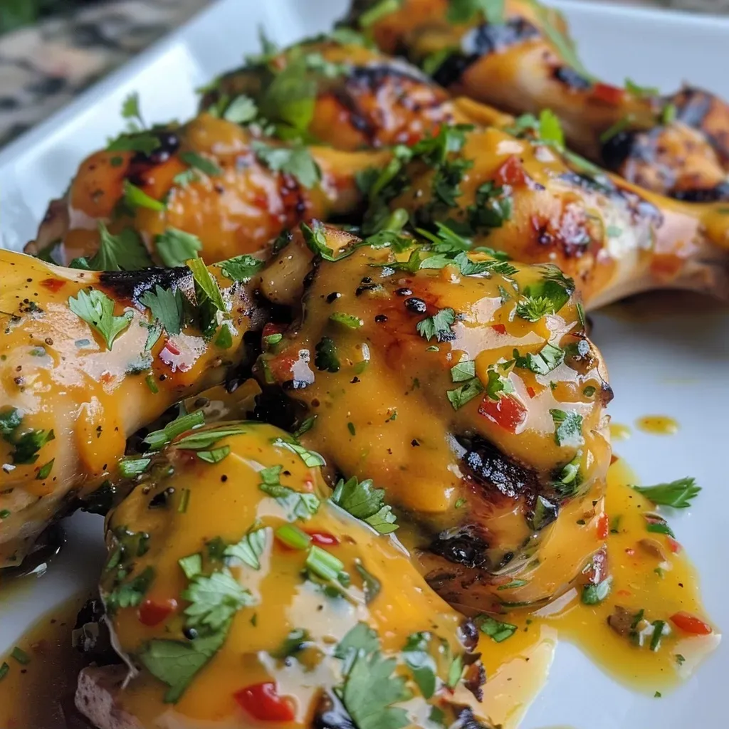 ['Close-up view of succulent Mango Coconut Habanero Chicken on a plate.', 'Side view of grilled Mango Coconut Habanero Chicken garnished with cilantro.', 'Juicy chicken legs coated in a mango habanero sauce, with lime wedges beside.', 'Colorful presentation of Mango Coconut Habanero Chicken ready to serve.']