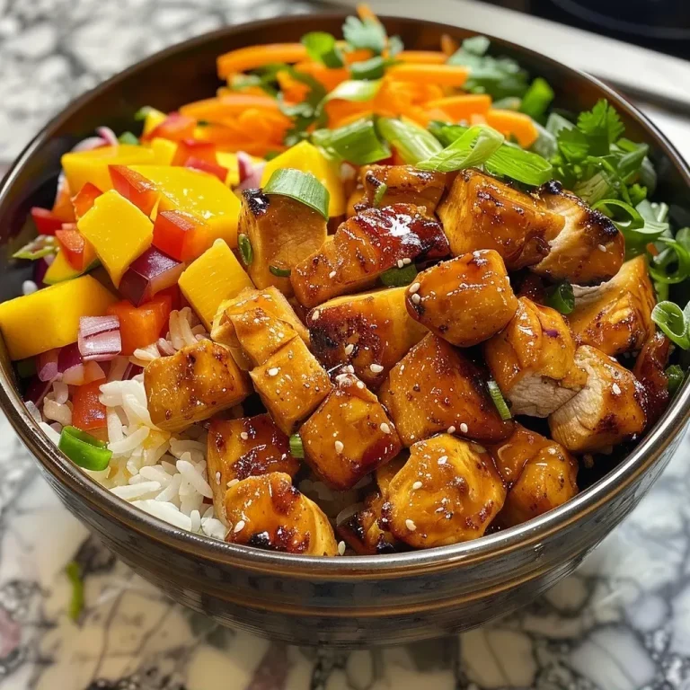 ['A close-up view of a bowl filled with Mango Habanero Chicken, featuring colorful diced mango, vibrant peppers, and garnished with fresh herbs.', 'Side view of a delicious Mango Habanero Chicken Bowl, showcasing juicy chicken pieces, mango slices, and a mix of vegetables.', 'Close-up image of a Mango Habanero Chicken Bowl, highlighting the rich sauce, bright mango, and contrasting textures of tender chicken and crunchy veggies.', 'A vibrant Mango Habanero Chicken Bowl captured in a close side view, with glistening pieces of chicken and fresh mango.']