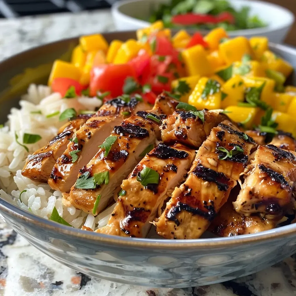 ['A close-up view of a bowl filled with Mango Habanero Chicken, featuring colorful diced mango, vibrant peppers, and garnished with fresh herbs.', 'Side view of a delicious Mango Habanero Chicken Bowl, showcasing juicy chicken pieces, mango slices, and a mix of vegetables.', 'Close-up image of a Mango Habanero Chicken Bowl, highlighting the rich sauce, bright mango, and contrasting textures of tender chicken and crunchy veggies.', 'A vibrant Mango Habanero Chicken Bowl captured in a close side view, with glistening pieces of chicken and fresh mango.']