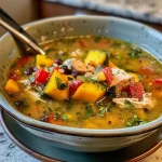 ['Close-up view of a bowl of Mango Verde Chicken Soup filled with colorful ingredients.', 'A vibrant Mango Verde Chicken Soup with chunks of chicken and fresh vegetables in a bowl.', 'Side view of a hearty bowl of Mango Verde Chicken Soup garnished with cilantro and mango.', 'Delicious Mango Verde Chicken Soup showcasing bright colors and textured ingredients.']