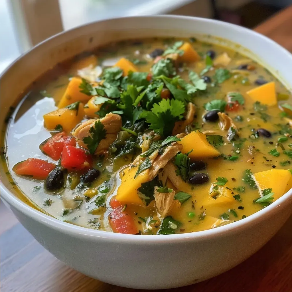 ['Close-up view of a bowl of Mango Verde Chicken Soup filled with colorful ingredients.', 'A vibrant Mango Verde Chicken Soup with chunks of chicken and fresh vegetables in a bowl.', 'Side view of a hearty bowl of Mango Verde Chicken Soup garnished with cilantro and mango.', 'Delicious Mango Verde Chicken Soup showcasing bright colors and textured ingredients.']