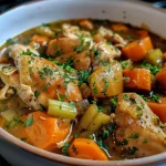 ['Close-up of a bowl filled with Maple Garlic Chicken Stew, featuring tender chicken pieces and colorful vegetables.', 'Side view of a hearty Maple Garlic Chicken Stew showcasing chicken thighs, sliced carrots, and celery in a rich broth.', 'Juicy Maple Garlic Chicken Stew served in a rustic bowl, with visible ingredients like garlic and thyme.', 'A vibrant close-up of Maple Garlic Chicken Stew highlighting golden chicken and fresh herbs.']