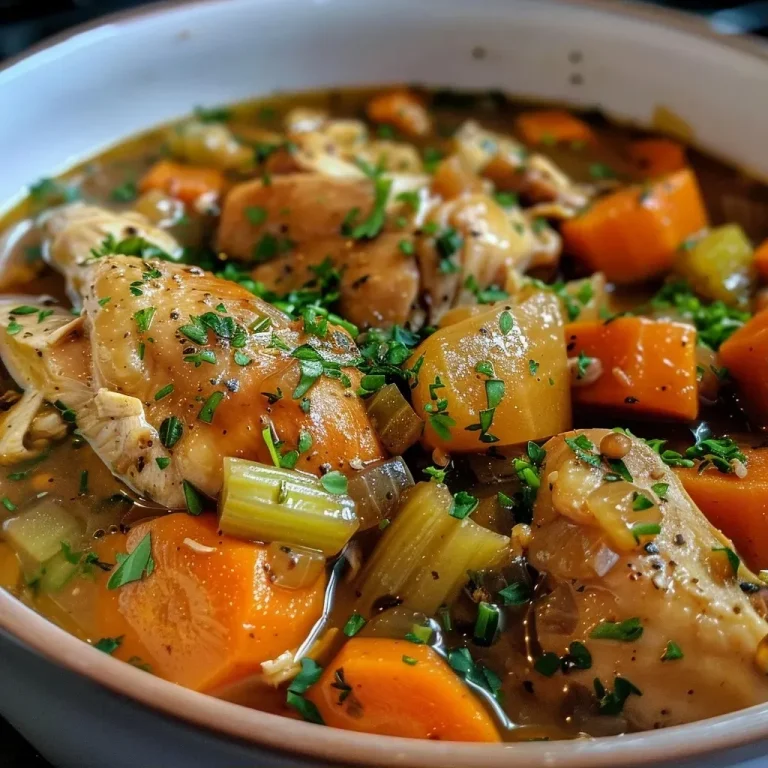 ['Close-up of a bowl filled with Maple Garlic Chicken Stew, featuring tender chicken pieces and colorful vegetables.', 'Side view of a hearty Maple Garlic Chicken Stew showcasing chicken thighs, sliced carrots, and celery in a rich broth.', 'Juicy Maple Garlic Chicken Stew served in a rustic bowl, with visible ingredients like garlic and thyme.', 'A vibrant close-up of Maple Garlic Chicken Stew highlighting golden chicken and fresh herbs.']
