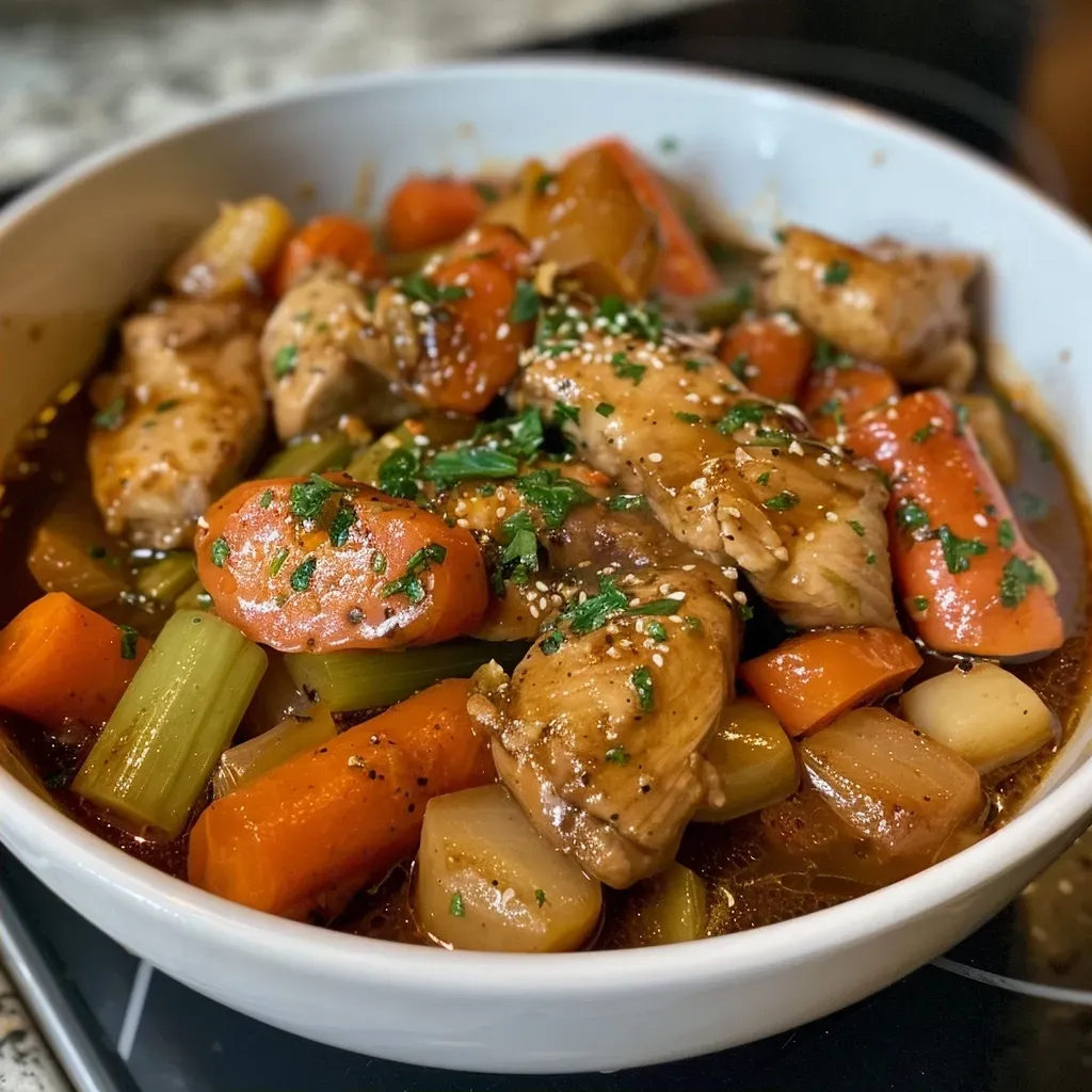 ['Close-up of a bowl filled with Maple Garlic Chicken Stew, featuring tender chicken pieces and colorful vegetables.', 'Side view of a hearty Maple Garlic Chicken Stew showcasing chicken thighs, sliced carrots, and celery in a rich broth.', 'Juicy Maple Garlic Chicken Stew served in a rustic bowl, with visible ingredients like garlic and thyme.', 'A vibrant close-up of Maple Garlic Chicken Stew highlighting golden chicken and fresh herbs.']