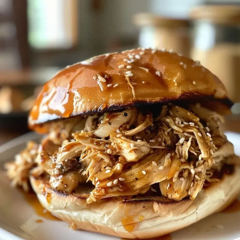 ['Close-up view of a Maple Garlic Shredded Chicken Sandwich dripping with sauce.', 'Side profile of a juicy shredded chicken sandwich topped with garlic and maple glaze.', 'An appetizing sandwich filled with shredded chicken, garlic, and maple syrup.', 'Delicious Maple Garlic Shredded Chicken Sandwich presented on a wooden board.']