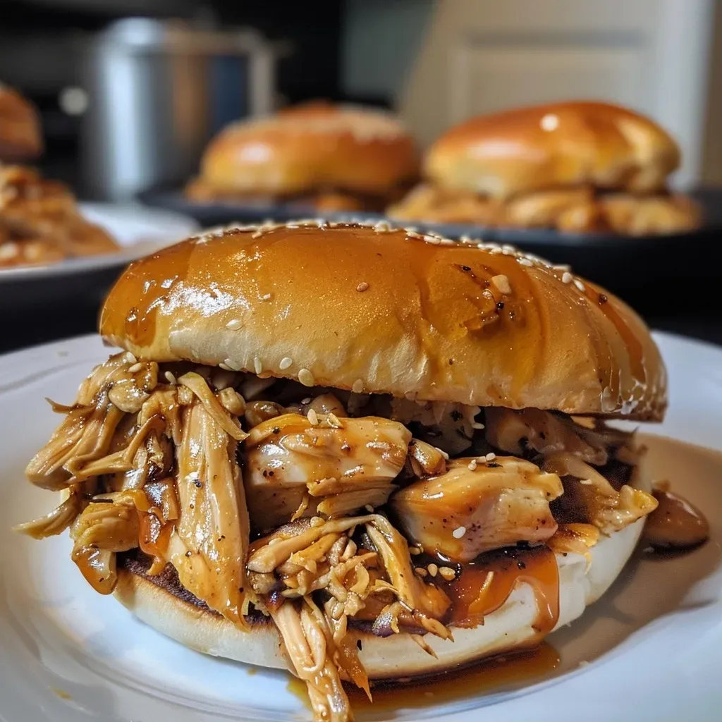 ['Close-up view of a Maple Garlic Shredded Chicken Sandwich dripping with sauce.', 'Side profile of a juicy shredded chicken sandwich topped with garlic and maple glaze.', 'An appetizing sandwich filled with shredded chicken, garlic, and maple syrup.', 'Delicious Maple Garlic Shredded Chicken Sandwich presented on a wooden board.']