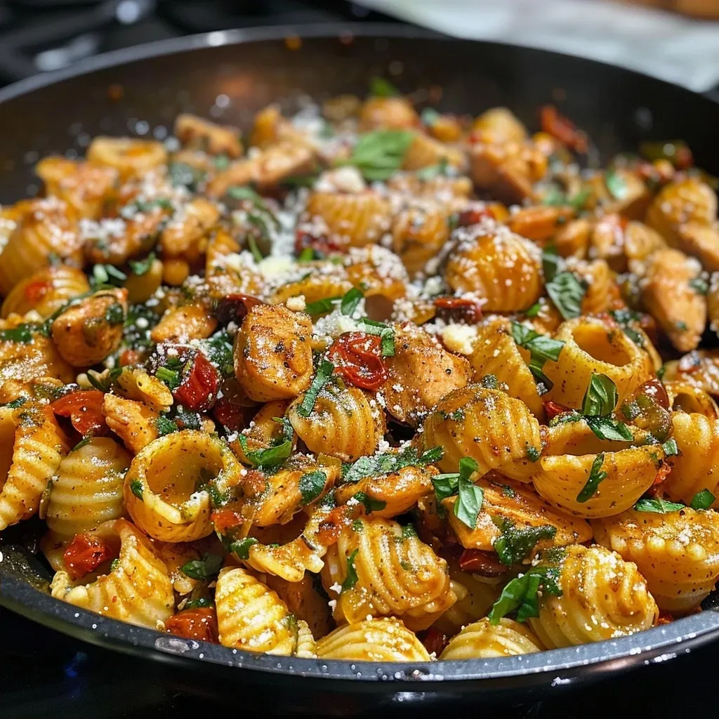 ['Close-up view of Marry Me Chicken Pasta featuring chickpea pasta and garnished with basil.', 'Juicy Marry Me Chicken Pasta, showcasing chicken, spinach, and sun-dried tomatoes in a creamy sauce.', 'Side view of a bowl filled with Marry Me Chicken Pasta, highlighting colorful ingredients and textures.', 'Vibrant image of Marry Me Chicken Pasta with chickpea shells, chicken, and a sprinkle of parmesan.']