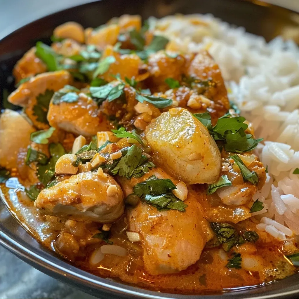['Close-up view of a bowl of Massaman Chicken Curry showcasing tender chicken pieces and rich sauce.', 'A vibrant presentation of Massaman Chicken Curry featuring aromatic spices and colorful vegetables.', 'Detailed side view of a hearty Massaman Chicken Curry served with fresh herbs and steamed rice.', 'Mouthwatering Massaman Chicken Curry displayed in a rustic bowl, highlighting its creamy texture and garnish.']