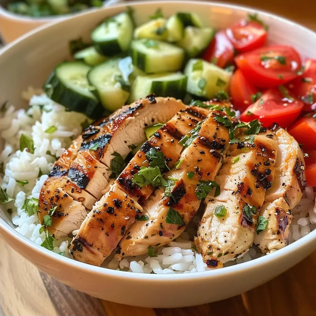 ['Close-up view of a Mediterranean chicken bowl featuring juicy chicken, rice, diced cucumber, and tomatoes with a lemon garlic sauce.', 'Side angle of a Mediterranean chicken bowl showcasing cooked rice, fresh tomatoes, diced cucumber, and succulent chicken pieces.', 'Colorful Mediterranean chicken bowl with vibrant ingredients including chicken, cucumber, and tomatoes, drizzled with lemon garlic sauce.', 'Appetizing close-up of a chicken bowl filled with rice, diced cucumber, fresh tomatoes, and flavorful lemon garlic sauce.']