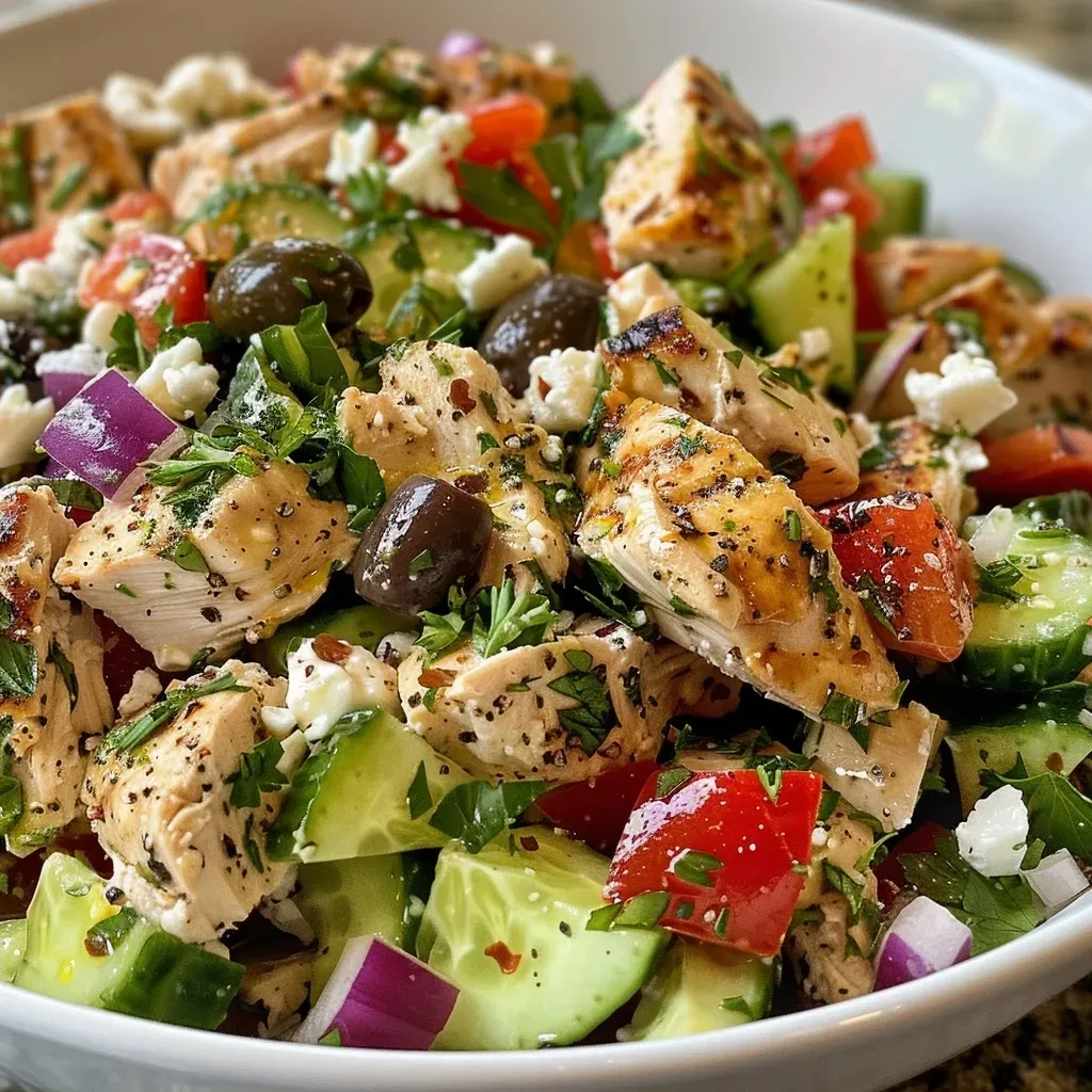 ['A close-up view of a Mediterranean chicken salad featuring diced ingredients.', 'Side view of a vibrant Mediterranean chicken salad with colorful toppings.', 'Juicy Mediterranean chicken salad with feta cheese and fresh vegetables.', 'Detailed shot of Mediterranean chicken salad showcasing its rich textures and colors.']