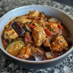 ['Close-up of a bowl filled with Mediterranean chicken stew featuring colorful vegetables.', 'Side view of a hearty Mediterranean chicken stew, showcasing chicken thighs and vibrant veggies.', 'Detailed look at Mediterranean chicken stew with chunks of chicken and assorted vegetables.', 'Juicy Mediterranean chicken stew in a rustic bowl, highlighting its rich ingredients.']