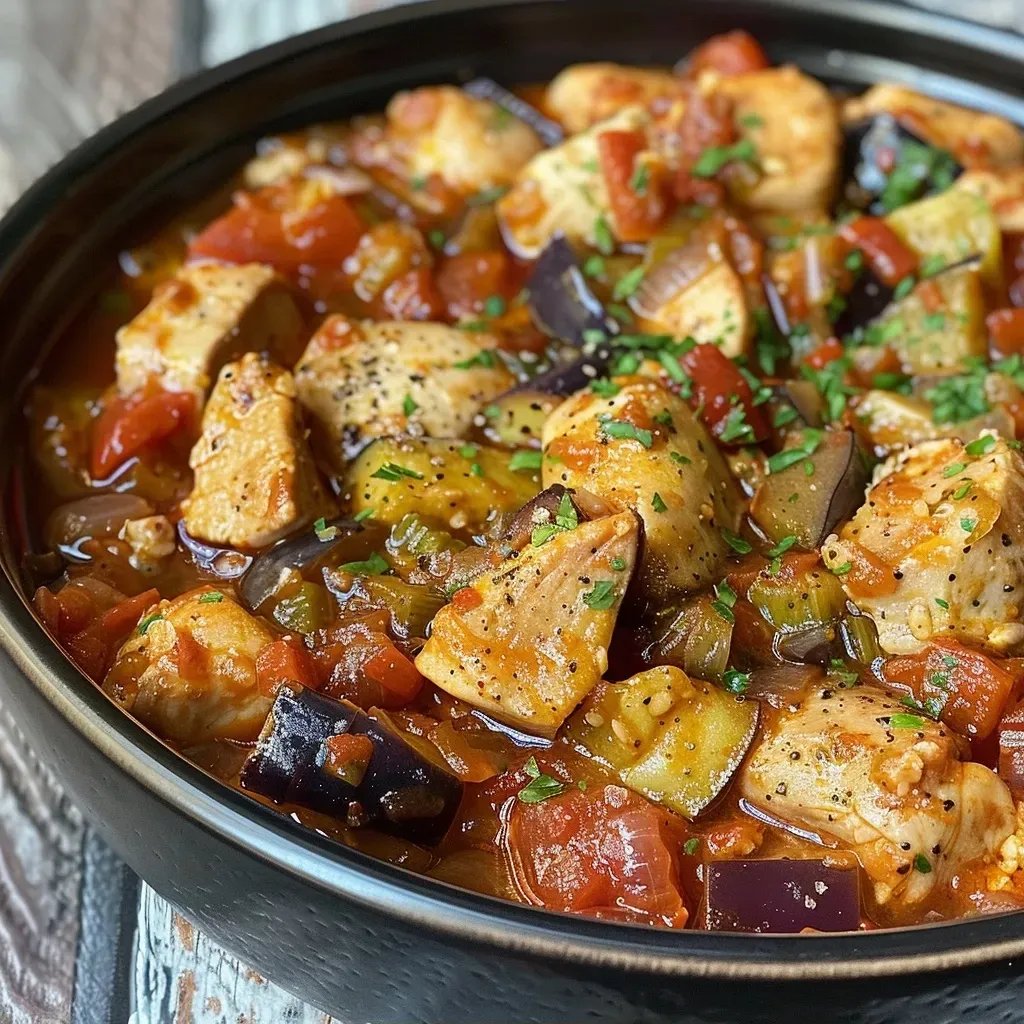 ['Close-up of a bowl filled with Mediterranean chicken stew featuring colorful vegetables.', 'Side view of a hearty Mediterranean chicken stew, showcasing chicken thighs and vibrant veggies.', 'Detailed look at Mediterranean chicken stew with chunks of chicken and assorted vegetables.', 'Juicy Mediterranean chicken stew in a rustic bowl, highlighting its rich ingredients.']