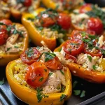 ['Close-up of vibrant Mediterranean Chicken Stuffed Bell Peppers filled with colorful ingredients.', 'Side view of juicy stuffed bell peppers, showcasing a mix of chicken, tomatoes, and spinach.', 'Brightly colored bell peppers filled with Mediterranean chicken and vegetables, ready to eat.', 'Succulent Mediterranean Chicken Stuffed Bell Peppers on a white plate, highlighting fresh ingredients.']