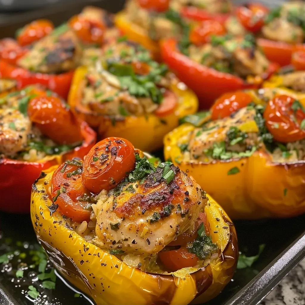 ['Close-up of vibrant Mediterranean Chicken Stuffed Bell Peppers filled with colorful ingredients.', 'Side view of juicy stuffed bell peppers, showcasing a mix of chicken, tomatoes, and spinach.', 'Brightly colored bell peppers filled with Mediterranean chicken and vegetables, ready to eat.', 'Succulent Mediterranean Chicken Stuffed Bell Peppers on a white plate, highlighting fresh ingredients.']