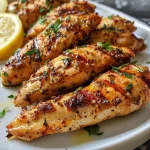 ['Close-up view of juicy Mediterranean chicken tenders garnished with parsley and lemon.', 'A side shot of golden-brown chicken tenders with a sprig of fresh parsley and lemon wedges.', 'Tantalizing Mediterranean chicken tenders arranged on a plate with lemon slices and herbs.', 'Deliciously cooked chicken tenders with vibrant lemon and parsley, showcasing a crispy texture.']