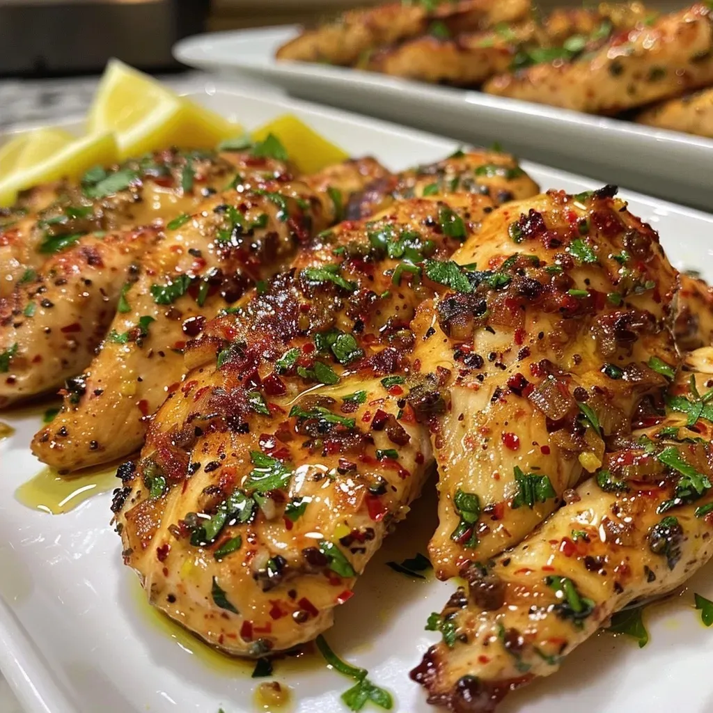 ['Close-up view of juicy Mediterranean chicken tenders garnished with parsley and lemon.', 'A side shot of golden-brown chicken tenders with a sprig of fresh parsley and lemon wedges.', 'Tantalizing Mediterranean chicken tenders arranged on a plate with lemon slices and herbs.', 'Deliciously cooked chicken tenders with vibrant lemon and parsley, showcasing a crispy texture.']