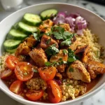 ['Close-up view of a colorful Moroccan Chicken Couscous Bowl with diced chicken and fresh vegetables.', 'Side photo of a Moroccan Chicken Couscous Bowl showcasing chicken, couscous, and vibrant toppings.', 'Juicy Moroccan Chicken Couscous Bowl filled with seasoned chicken, cherry tomatoes, and cucumbers.', 'Delicious Moroccan Chicken Couscous Bowl featuring chicken, spices, and a dollop of Greek yogurt.']