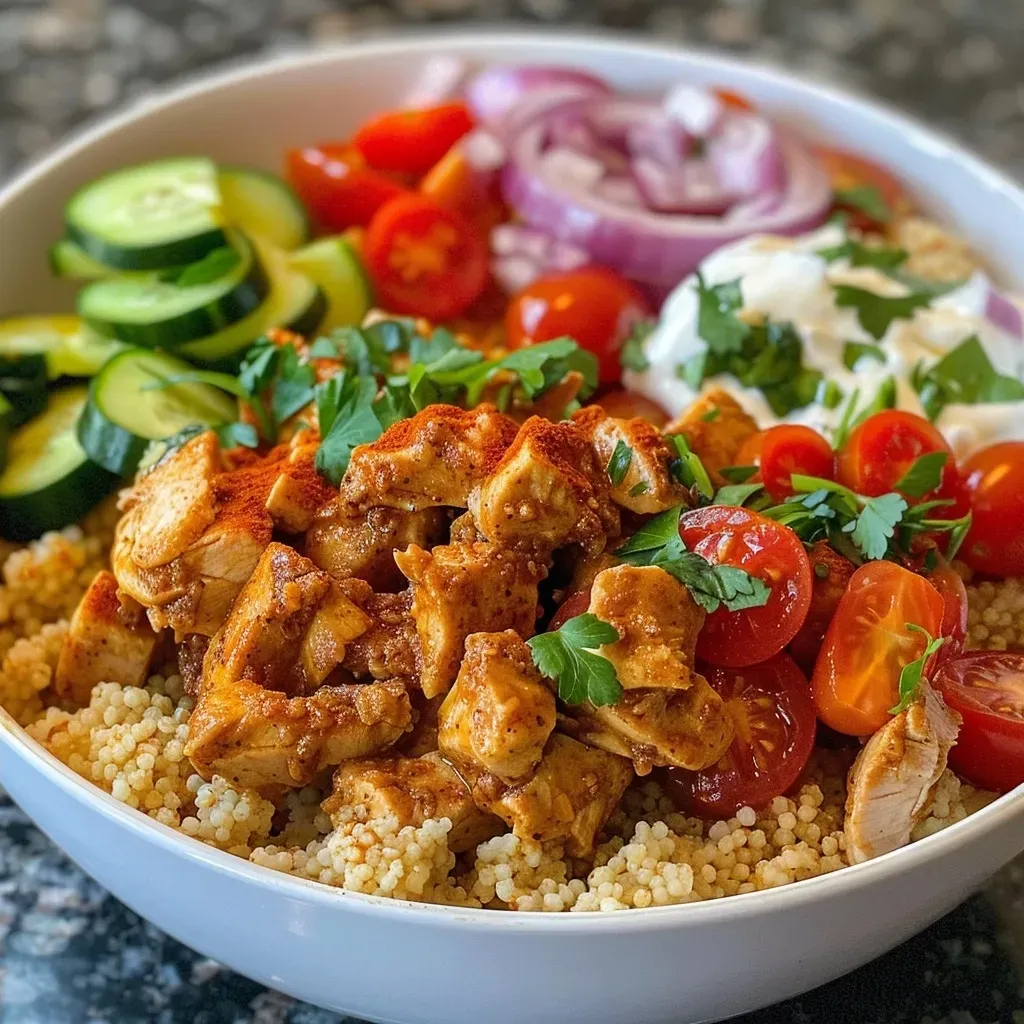 ['Close-up view of a colorful Moroccan Chicken Couscous Bowl with diced chicken and fresh vegetables.', 'Side photo of a Moroccan Chicken Couscous Bowl showcasing chicken, couscous, and vibrant toppings.', 'Juicy Moroccan Chicken Couscous Bowl filled with seasoned chicken, cherry tomatoes, and cucumbers.', 'Delicious Moroccan Chicken Couscous Bowl featuring chicken, spices, and a dollop of Greek yogurt.']