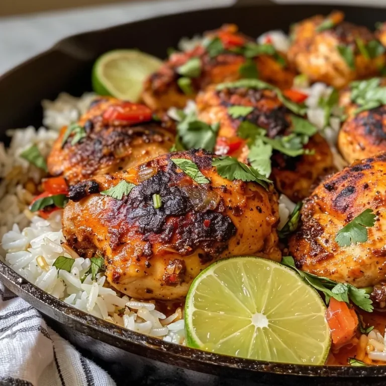 ['Close-up view of cooked chili lime chicken on a bed of rice, garnished with cilantro and lime wedges.', 'Juicy chicken thighs seasoned with chili powder, served alongside fluffy rice and fresh lime.', "A vibrant plate of one pan chili lime chicken and rice, showcasing the dish's colorful ingredients.", 'Side view of a savory chili lime chicken dish, featuring tender chicken and cooked rice with garnishes.']