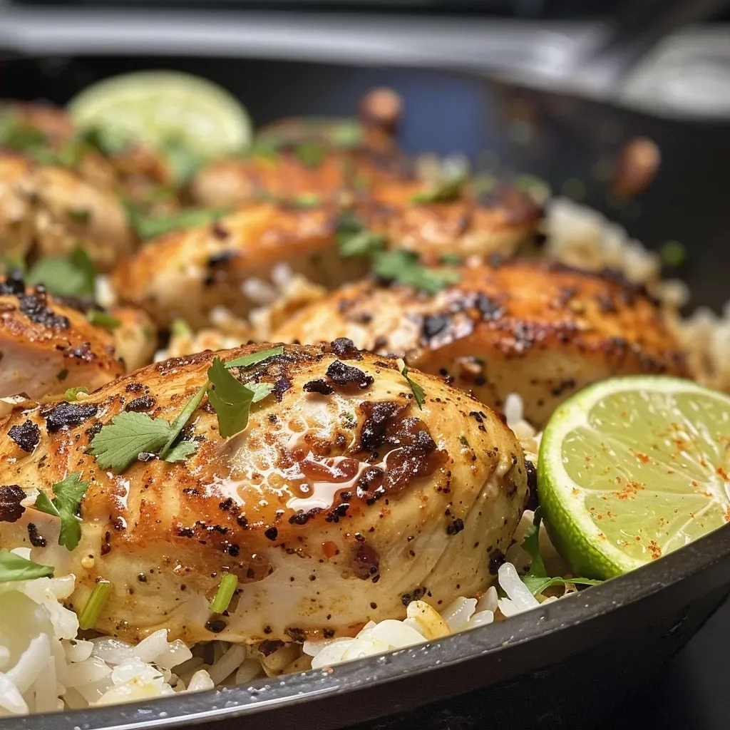 ['Close-up view of cooked chili lime chicken on a bed of rice, garnished with cilantro and lime wedges.', 'Juicy chicken thighs seasoned with chili powder, served alongside fluffy rice and fresh lime.', 
