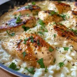 ['Close-up side view of a creamy chicken and rice dish in a deep plate.', 'Juicy pieces of chicken and white rice in a creamy sauce with herbs and cheese.', 'One-Pan Creamy Parmesan Chicken & Rice served with a sprinkle of parsley on top.', 'A comforting meal featuring tender chicken and rice, glistening with Parmesan cheese.']
