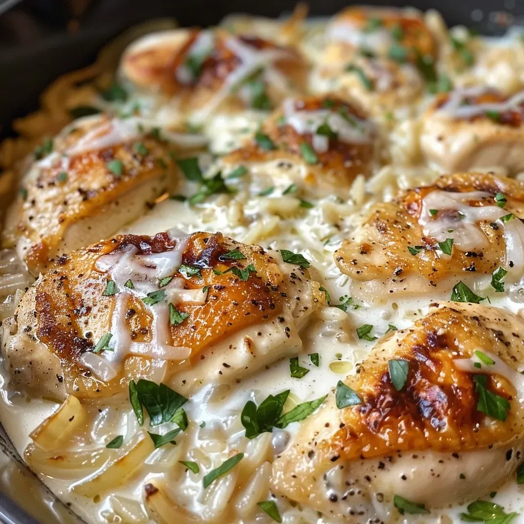 ['Close-up side view of a creamy chicken and rice dish in a deep plate.', 'Juicy pieces of chicken and white rice in a creamy sauce with herbs and cheese.', 'One-Pan Creamy Parmesan Chicken & Rice served with a sprinkle of parsley on top.', 'A comforting meal featuring tender chicken and rice, glistening with Parmesan cheese.']