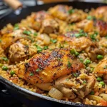 ['A close-up view of Mediterranean chicken and rice, showcasing juicy chicken pieces and vibrant green peas.', 'Side view of a one pan dish featuring seasoned chicken and rice with colorful herbs and spices.', 'A tantalizing plate of Mediterranean chicken and rice, highlighting the texture of rice and chicken with aromatic herbs.', 'A flavorful serving of one pan Mediterranean chicken and rice, garnished with peas and spices.']