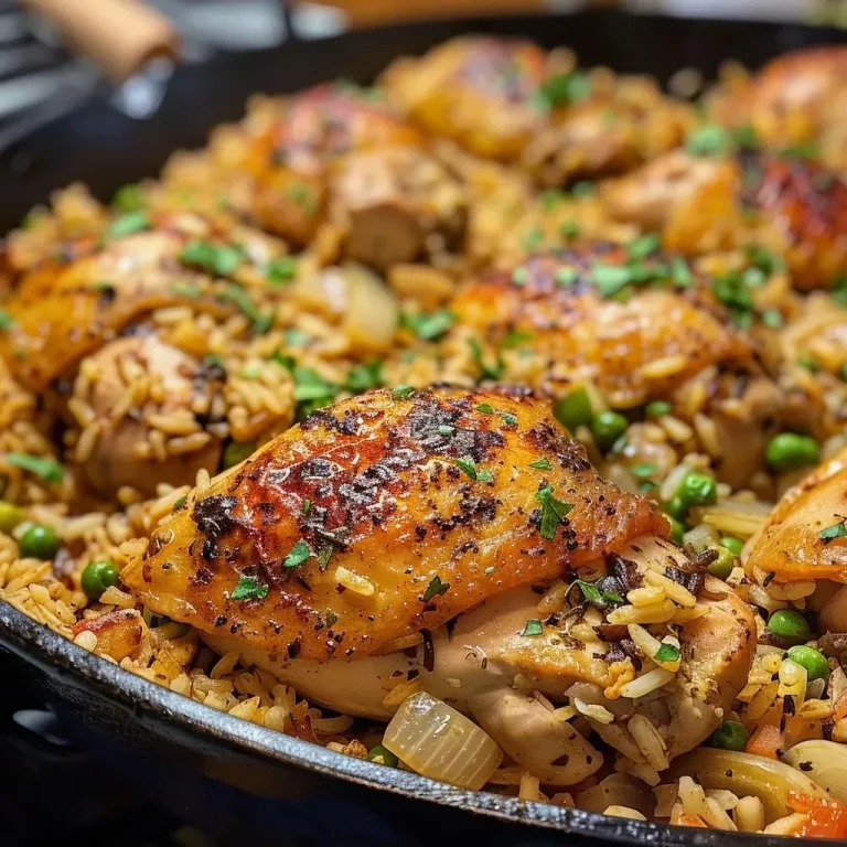 ['A close-up view of Mediterranean chicken and rice, showcasing juicy chicken pieces and vibrant green peas.', 'Side view of a one pan dish featuring seasoned chicken and rice with colorful herbs and spices.', 'A tantalizing plate of Mediterranean chicken and rice, highlighting the texture of rice and chicken with aromatic herbs.', 'A flavorful serving of one pan Mediterranean chicken and rice, garnished with peas and spices.']