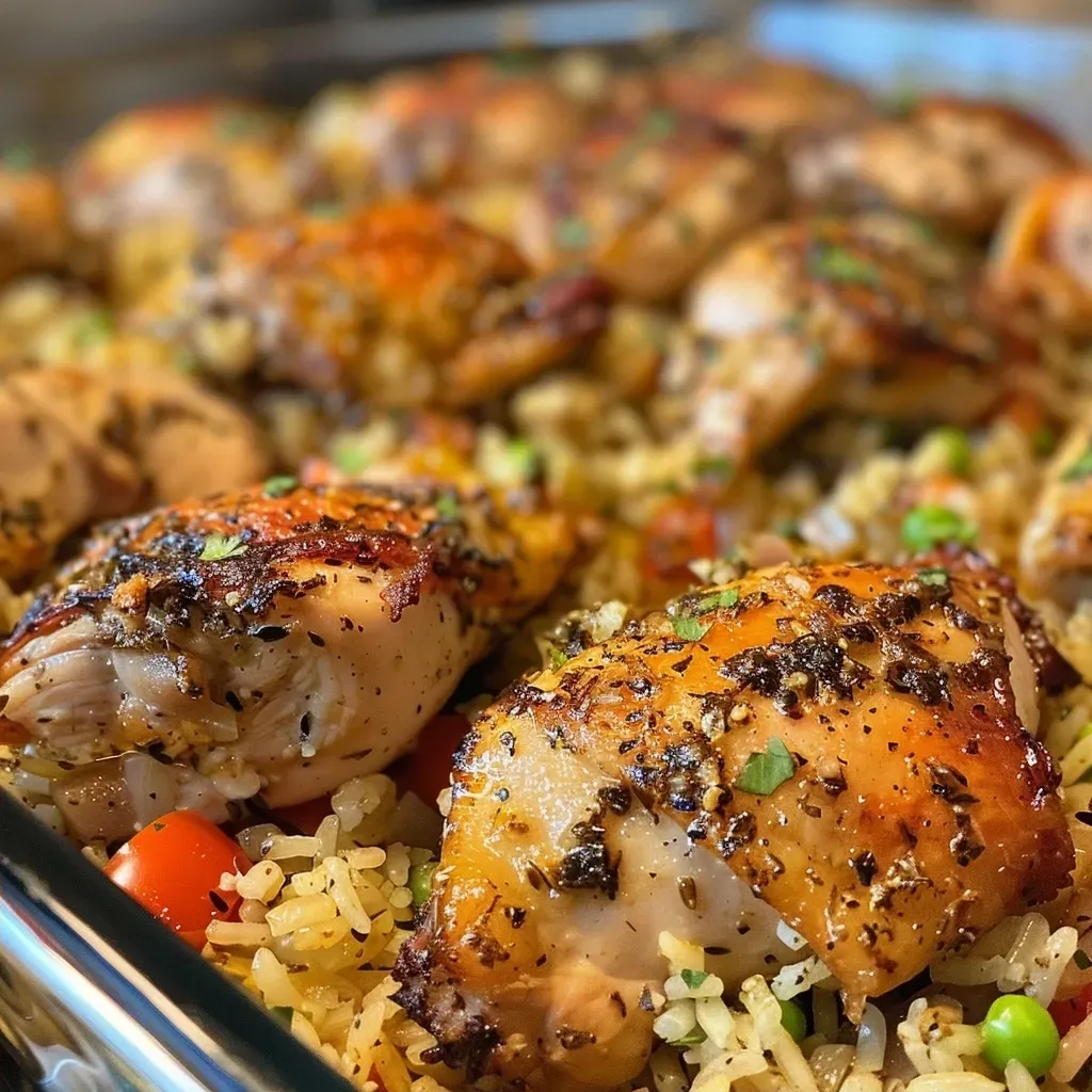 ['A close-up view of Mediterranean chicken and rice, showcasing juicy chicken pieces and vibrant green peas.', 'Side view of a one pan dish featuring seasoned chicken and rice with colorful herbs and spices.', 'A tantalizing plate of Mediterranean chicken and rice, highlighting the texture of rice and chicken with aromatic herbs.', 'A flavorful serving of one pan Mediterranean chicken and rice, garnished with peas and spices.']