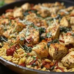 ['A close-up view of a bowl filled with One-Pan Tuscan Chicken Orzo, showcasing juicy chicken, vibrant spinach, and sun-dried tomatoes.', 'Side view of a delicious One-Pan Tuscan Chicken Orzo, highlighting the orzo pasta, tender chicken, and colorful ingredients.', 'An appetizing close-up of One-Pan Tuscan Chicken Orzo, featuring golden orzo, chopped spinach, and pieces of chicken.', 'A detailed side photo of One-Pan Tuscan Chicken Orzo, with sun-dried tomatoes and grated Parmesan sprinkled on top.']