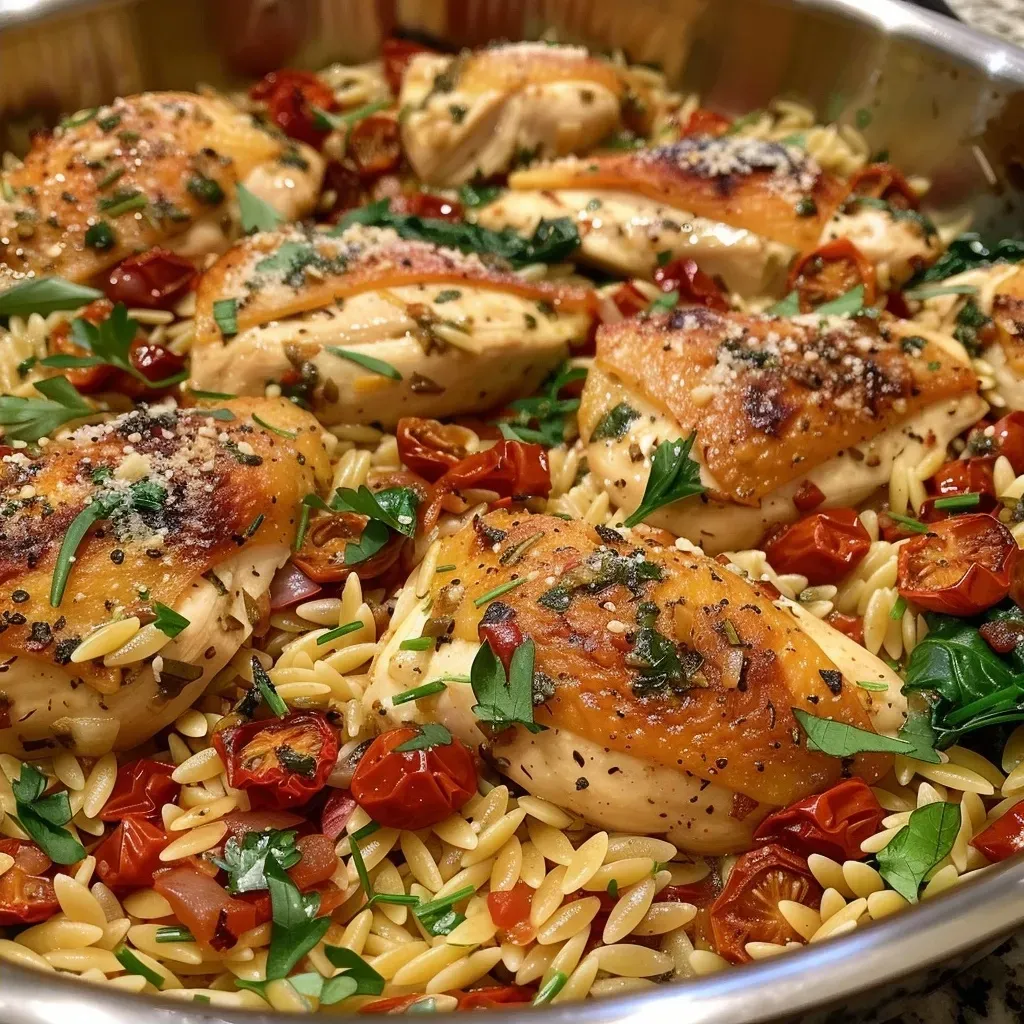 ['A close-up view of a bowl filled with One-Pan Tuscan Chicken Orzo, showcasing juicy chicken, vibrant spinach, and sun-dried tomatoes.', 'Side view of a delicious One-Pan Tuscan Chicken Orzo, highlighting the orzo pasta, tender chicken, and colorful ingredients.', 'An appetizing close-up of One-Pan Tuscan Chicken Orzo, featuring golden orzo, chopped spinach, and pieces of chicken.', 'A detailed side photo of One-Pan Tuscan Chicken Orzo, with sun-dried tomatoes and grated Parmesan sprinkled on top.']