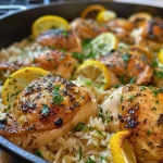 ['Close-up view of One Pot Lemon Herb Chicken and Rice with juicy chicken thighs and fresh herbs.', 'Juicy chicken thighs and rice mixed with vibrant herbs and lemon zest in a one-pot dish.', 'Side view of One Pot Lemon Herb Chicken and Rice showcasing golden chicken and fluffy rice.', 'Delicious One Pot Lemon Herb Chicken and Rice featuring herbs, lemon, and chopped parsley garnish.']