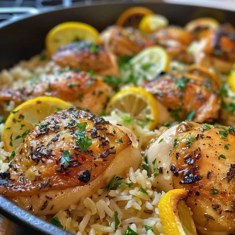 ['Close-up view of One Pot Lemon Herb Chicken and Rice with juicy chicken thighs and fresh herbs.', 'Juicy chicken thighs and rice mixed with vibrant herbs and lemon zest in a one-pot dish.', 'Side view of One Pot Lemon Herb Chicken and Rice showcasing golden chicken and fluffy rice.', 'Delicious One Pot Lemon Herb Chicken and Rice featuring herbs, lemon, and chopped parsley garnish.']