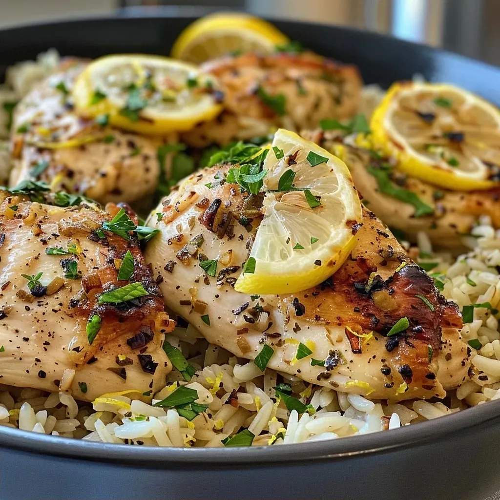['Close-up view of One Pot Lemon Herb Chicken and Rice with juicy chicken thighs and fresh herbs.', 'Juicy chicken thighs and rice mixed with vibrant herbs and lemon zest in a one-pot dish.', 'Side view of One Pot Lemon Herb Chicken and Rice showcasing golden chicken and fluffy rice.', 'Delicious One Pot Lemon Herb Chicken and Rice featuring herbs, lemon, and chopped parsley garnish.']