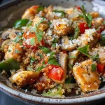 ['Close-up of a colorful Parmesan Chicken Quinoa Bowl with vibrant vegetables and chicken.', 'Side view of a delicious Parmesan Chicken Quinoa Bowl featuring chicken, quinoa, and marinara sauce.', 'Juicy Parmesan Chicken on a bed of quinoa, garnished with fresh herbs and cheese.', 'A hearty quinoa bowl showcasing sliced chicken, mushrooms, and a medley of colorful vegetables.']